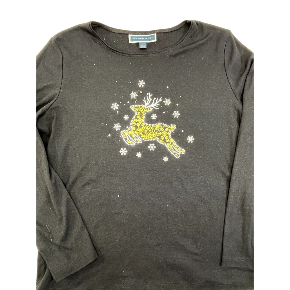 Karen Scott Christmas Long Sleeve TShirt Reindeer Wms Sz Lg Black Beaded Holiday